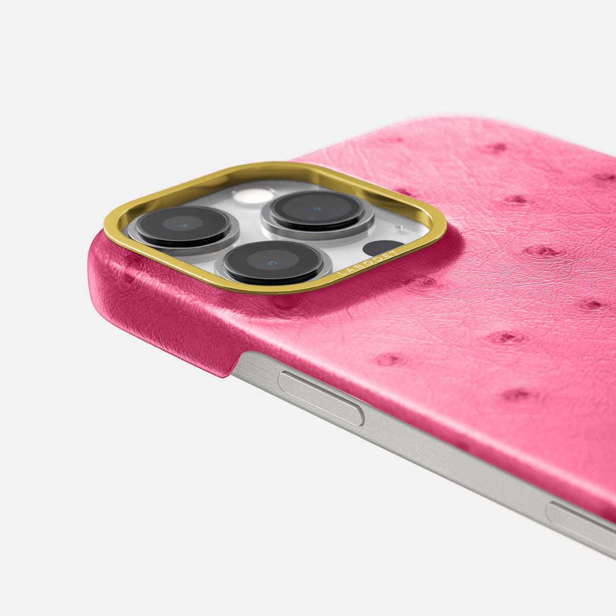 Pink iPhone 16 Pro Classic Case Ostrich with Gold Metal -6 | Pink-Gold