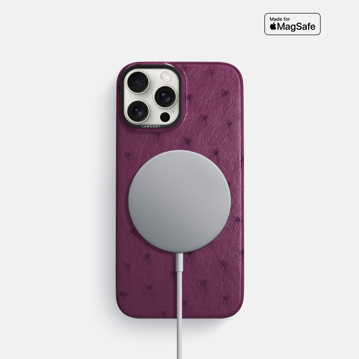 Purple iPhone 16 Pro Classic Case Ostrich with Black Metal -5 | Purple-Black