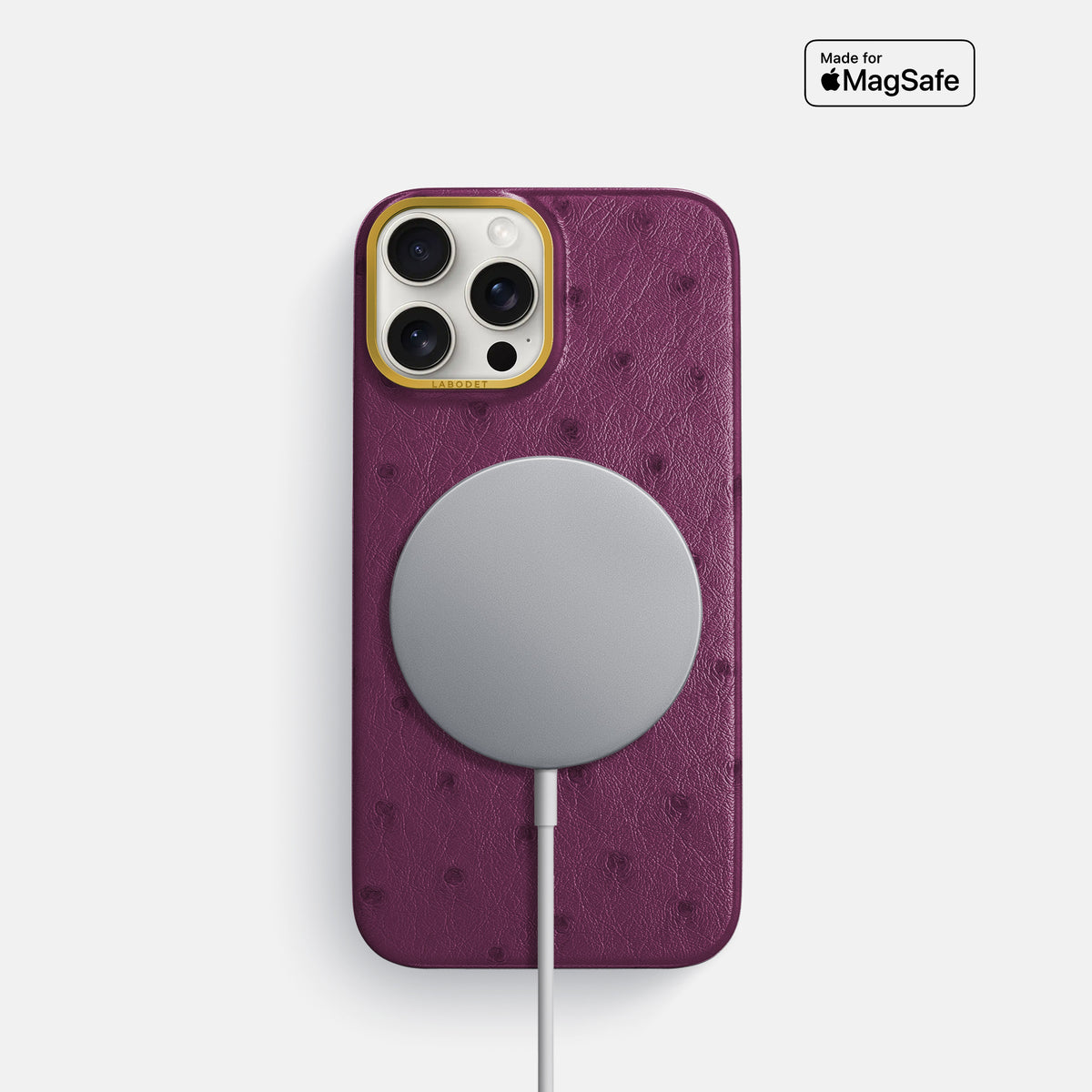 Purple iPhone 16 Pro Classic Case Ostrich with Gold Metal -5 | Purple-Gold
