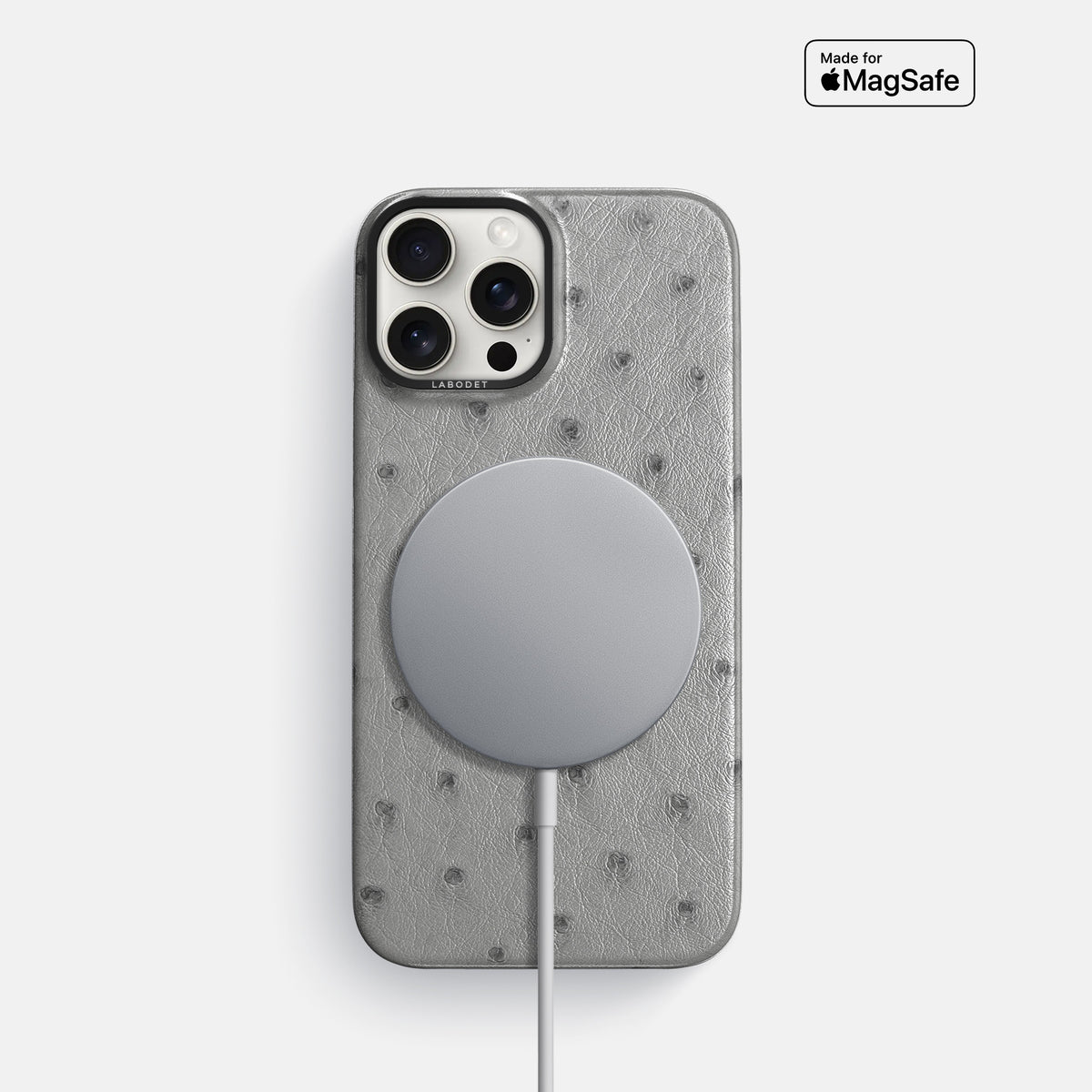 Silver iPhone 16 Pro Classic Case Ostrich with Black Metal -5 | Silver-Black