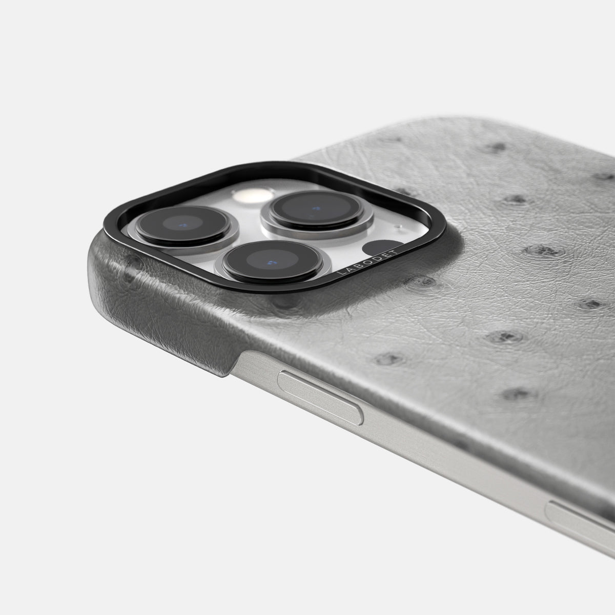 Silver iPhone 16 Pro Classic Case Ostrich with Black Metal -6 | Silver-Black