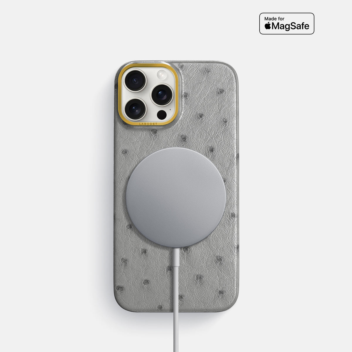 Silver iPhone 16 Pro Classic Case Ostrich with Gold Metal -5 | Silver-Gold