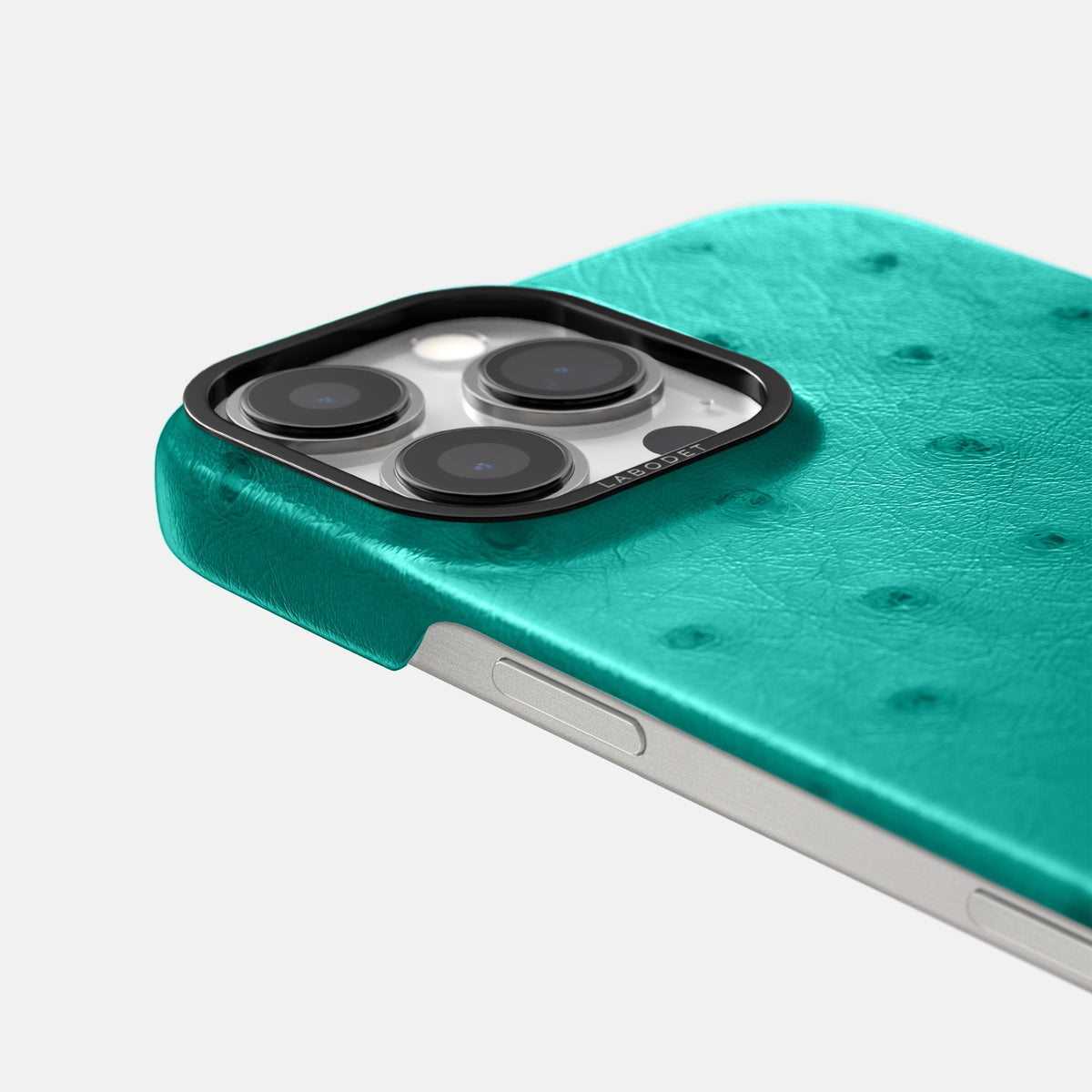 Turquoise iPhone 16 Pro Classic Case Ostrich with Black Metal -6 | Turquoise-Black
