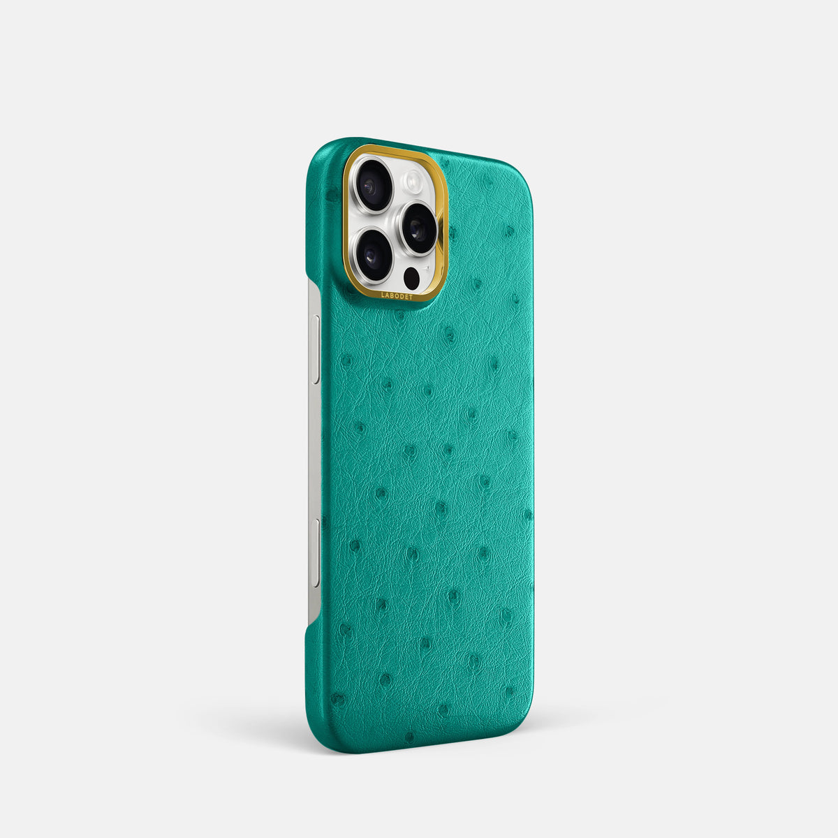 Turquoise iPhone 16 Pro Classic Case Ostrich with Gold Metal -2 | Turquoise-Gold