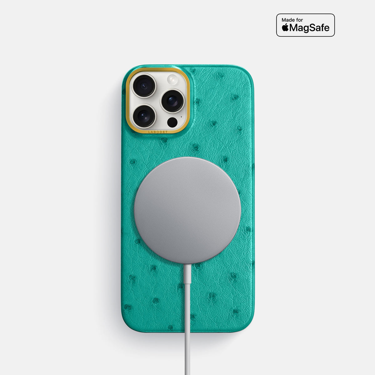 Turquoise iPhone 16 Pro Classic Case Ostrich with Gold Metal -5 | Turquoise-Gold