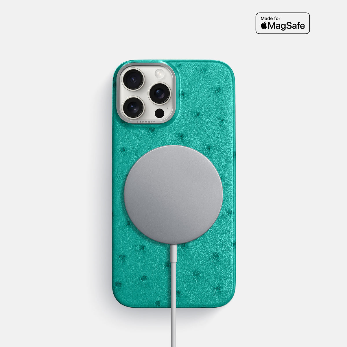 Turquoise iPhone 16 Pro Classic Case Ostrich with Steel Metal -5 | Turquoise-Steel
