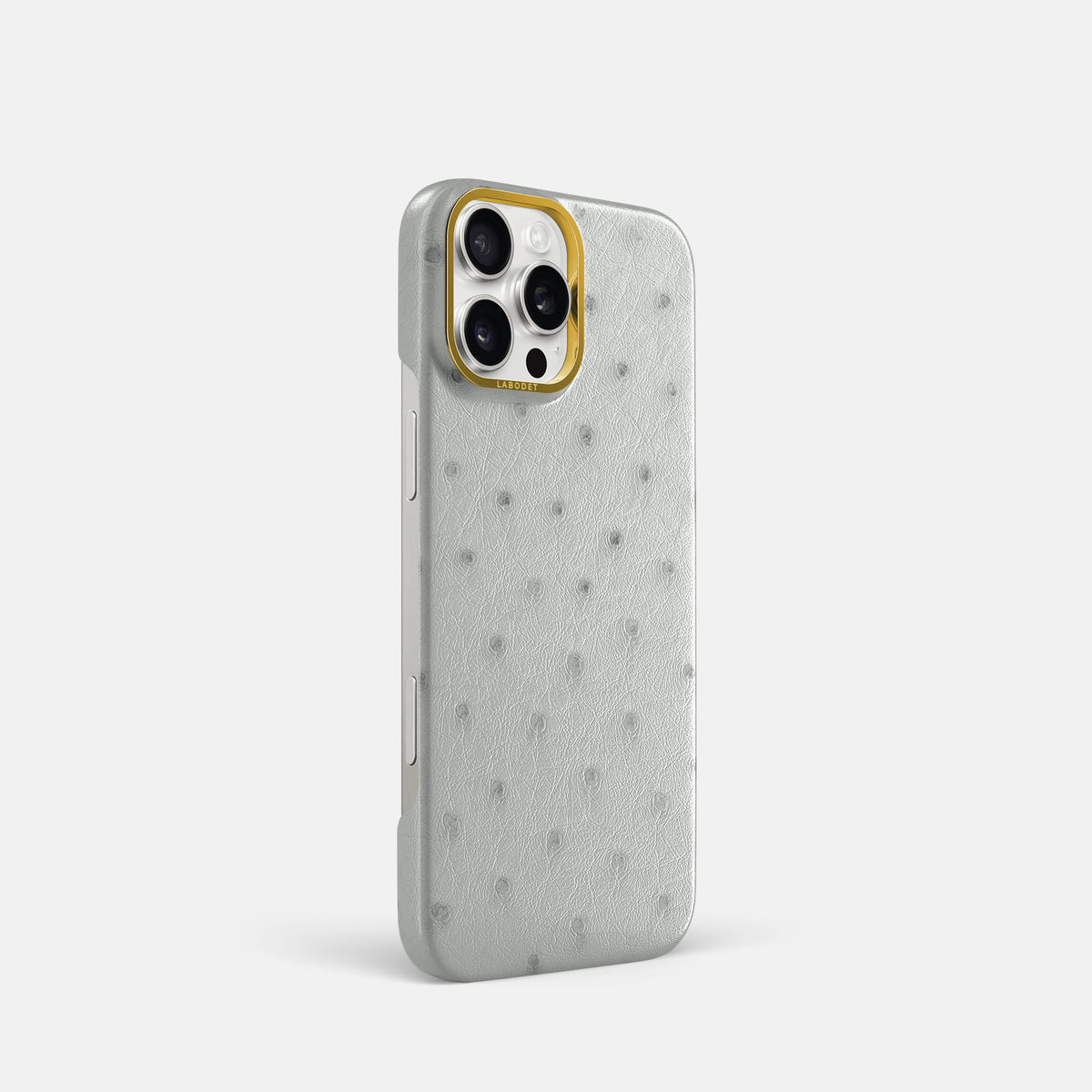 White iPhone 16 Pro Classic Case Ostrich with Gold Metal -2 | White-Gold