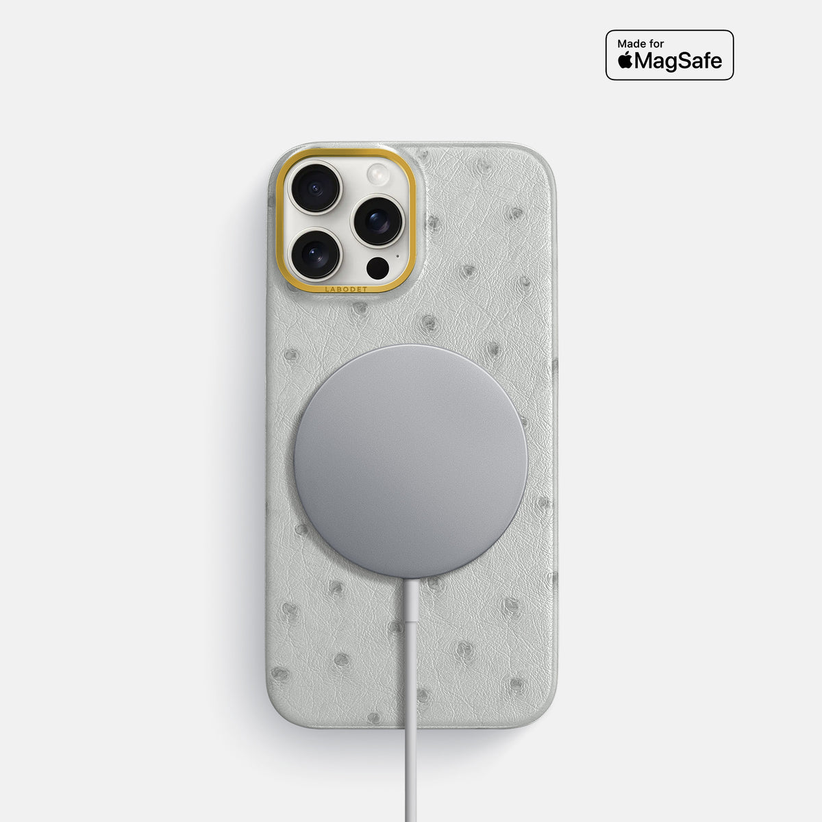 White iPhone 16 Pro Classic Case Ostrich with Gold Metal -5 | White-Gold