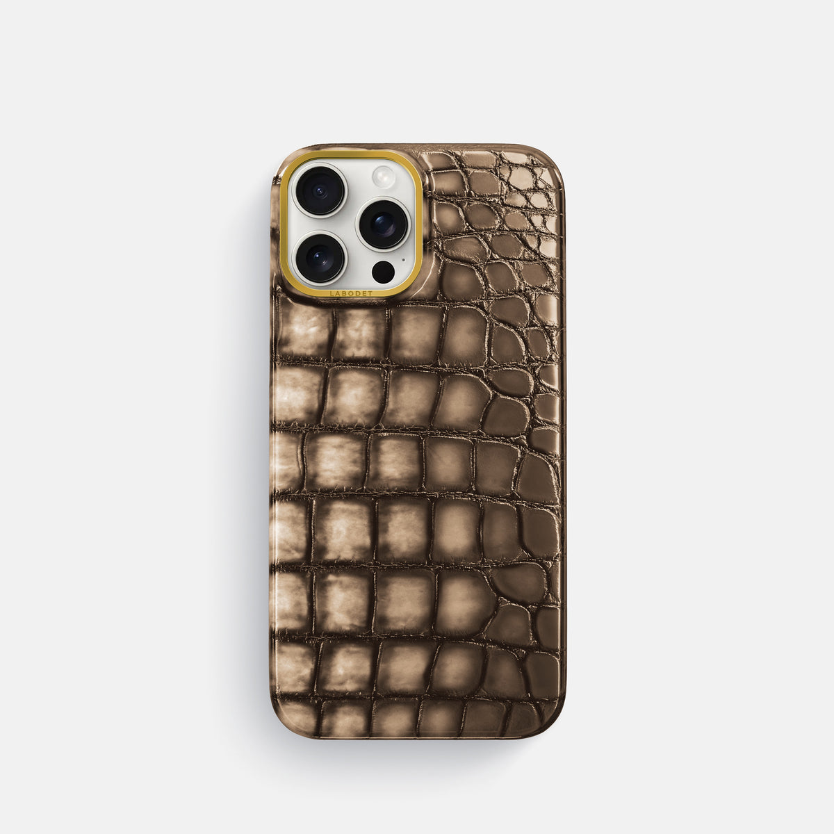 Etoupe iPhone 16 Pro Classic Case Patina Alligator with Gold Metal -1 | Etoupe-Gold