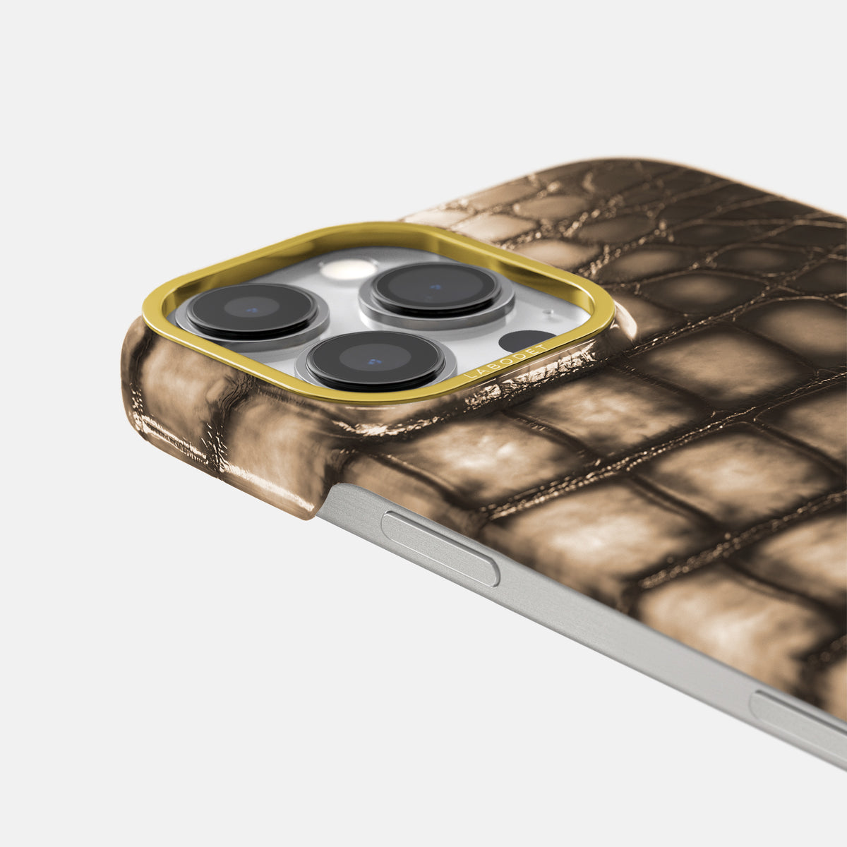 Etoupe iPhone 16 Pro Classic Case Patina Alligator with Gold Metal -6 | Etoupe-Gold