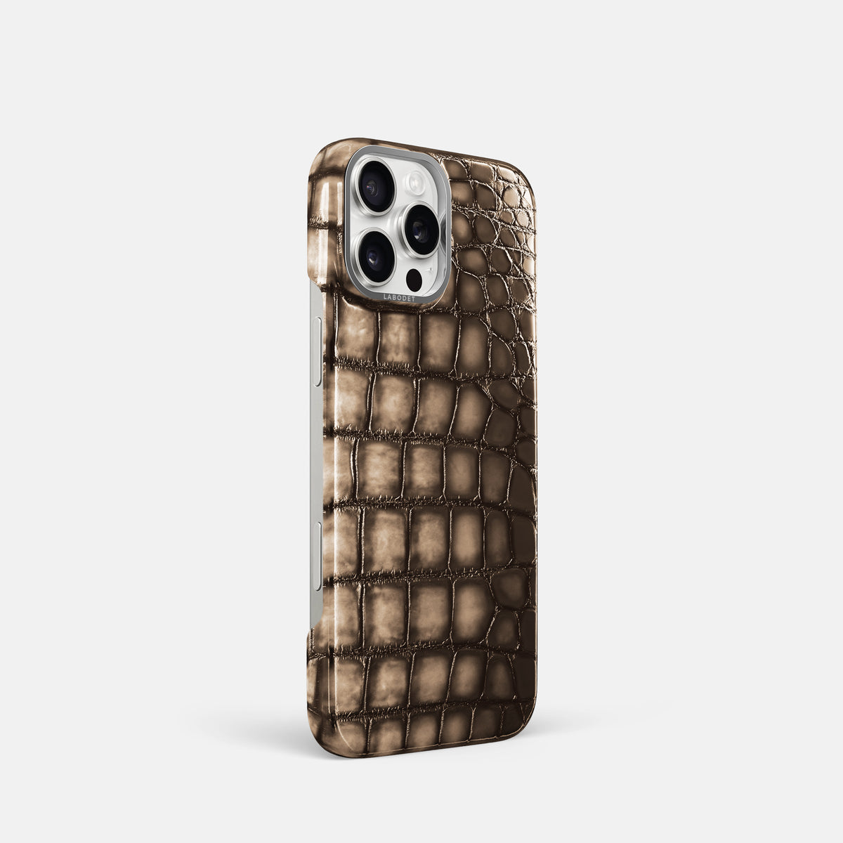 Etoupe iPhone 16 Pro Classic Case Patina Alligator with Steel Metal -2 | Etoupe-Steel