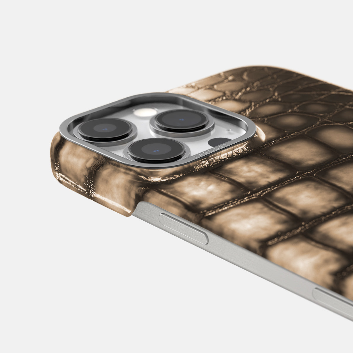 Etoupe iPhone 16 Pro Classic Case Patina Alligator with Steel Metal -6 | Etoupe-Steel