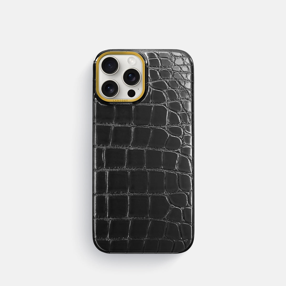 Havana-Black iPhone 16 Pro Classic Case Patina Alligator with Gold Metal -1 | Havana-Black-Gold