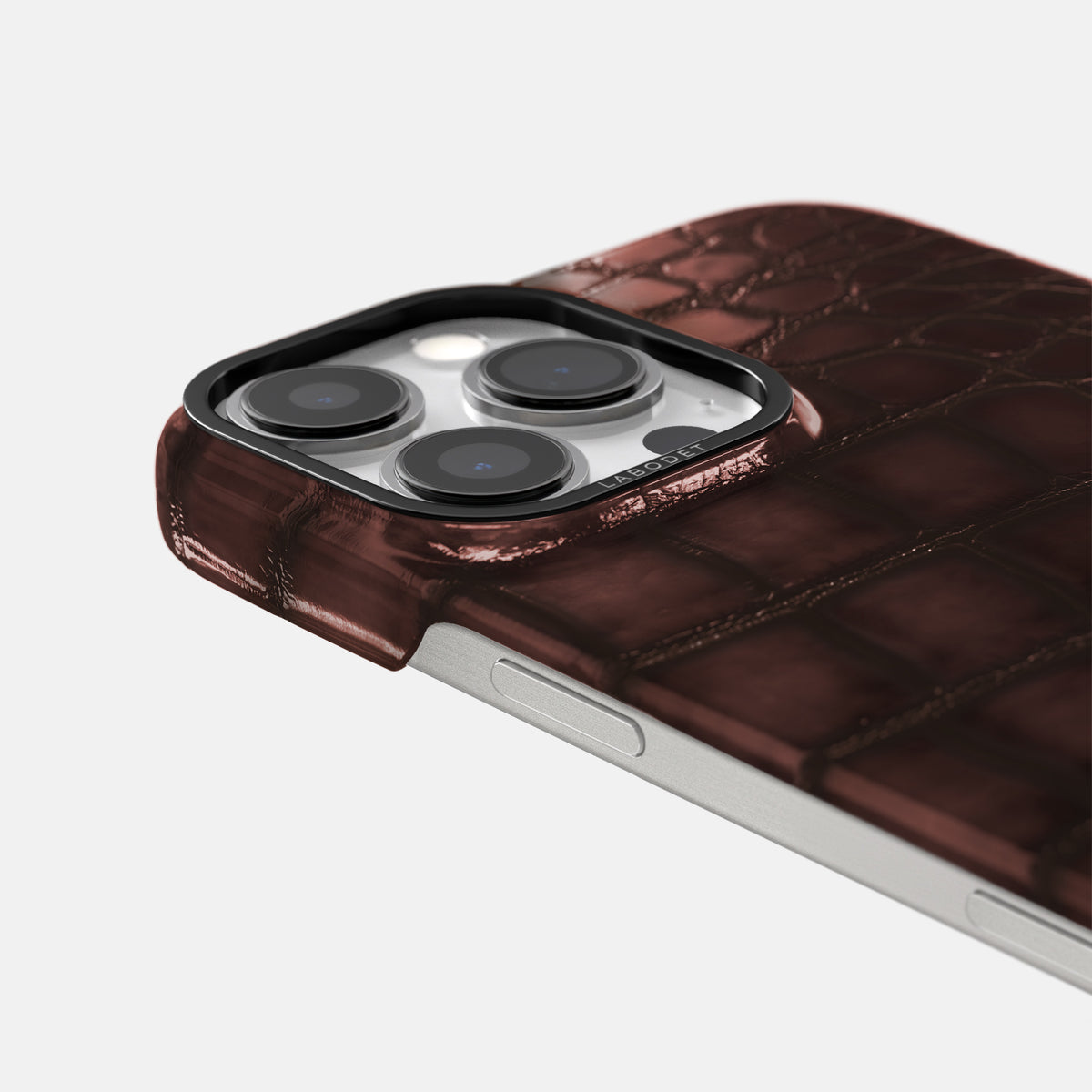 Grape-Wine iPhone 16 Pro Classic Case Patina Alligator with Black Metal -6 | Grape-Wine-Black
