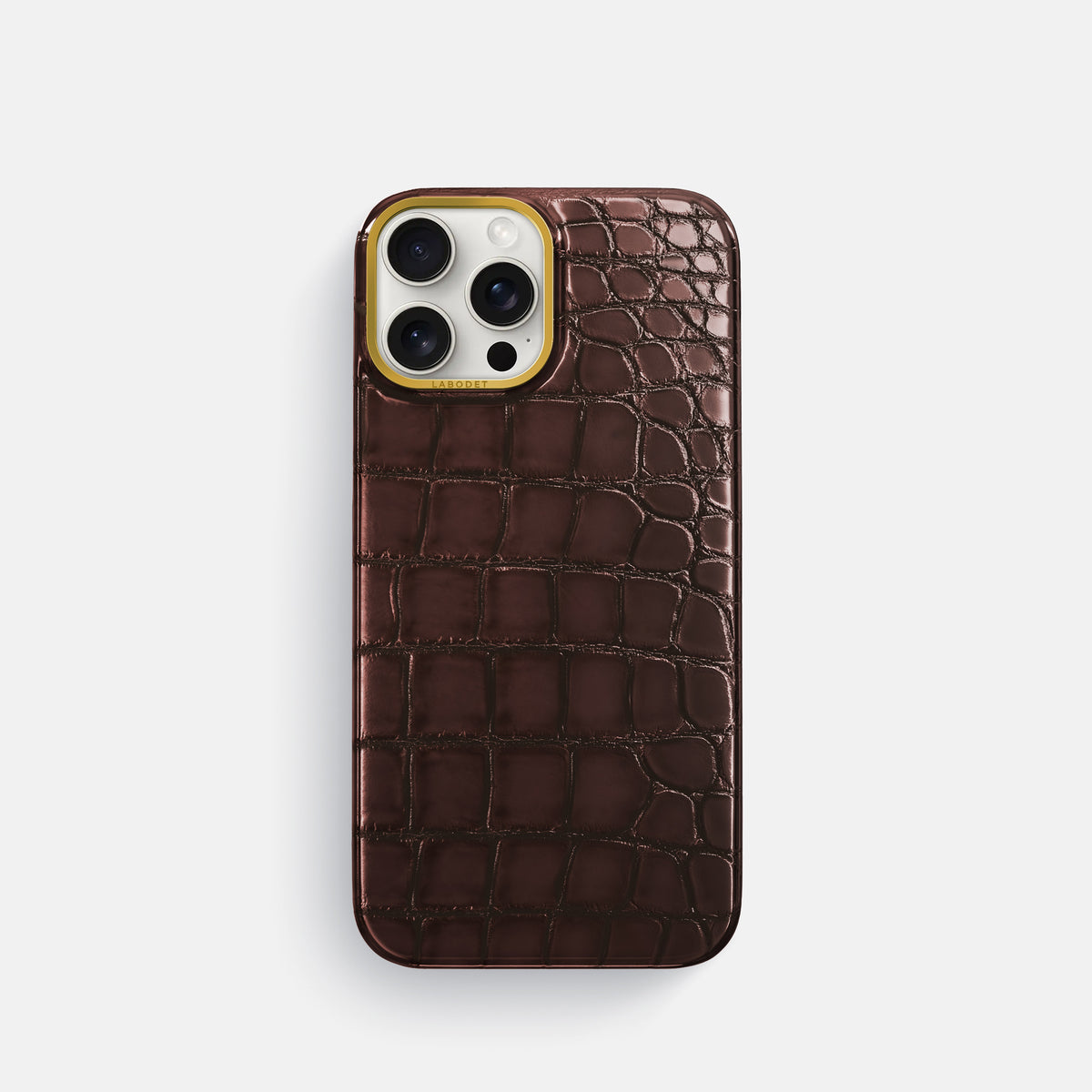 Grape-Wine iPhone 16 Pro Classic Case Patina Alligator with Gold Metal -1 | Grape-Wine-Gold