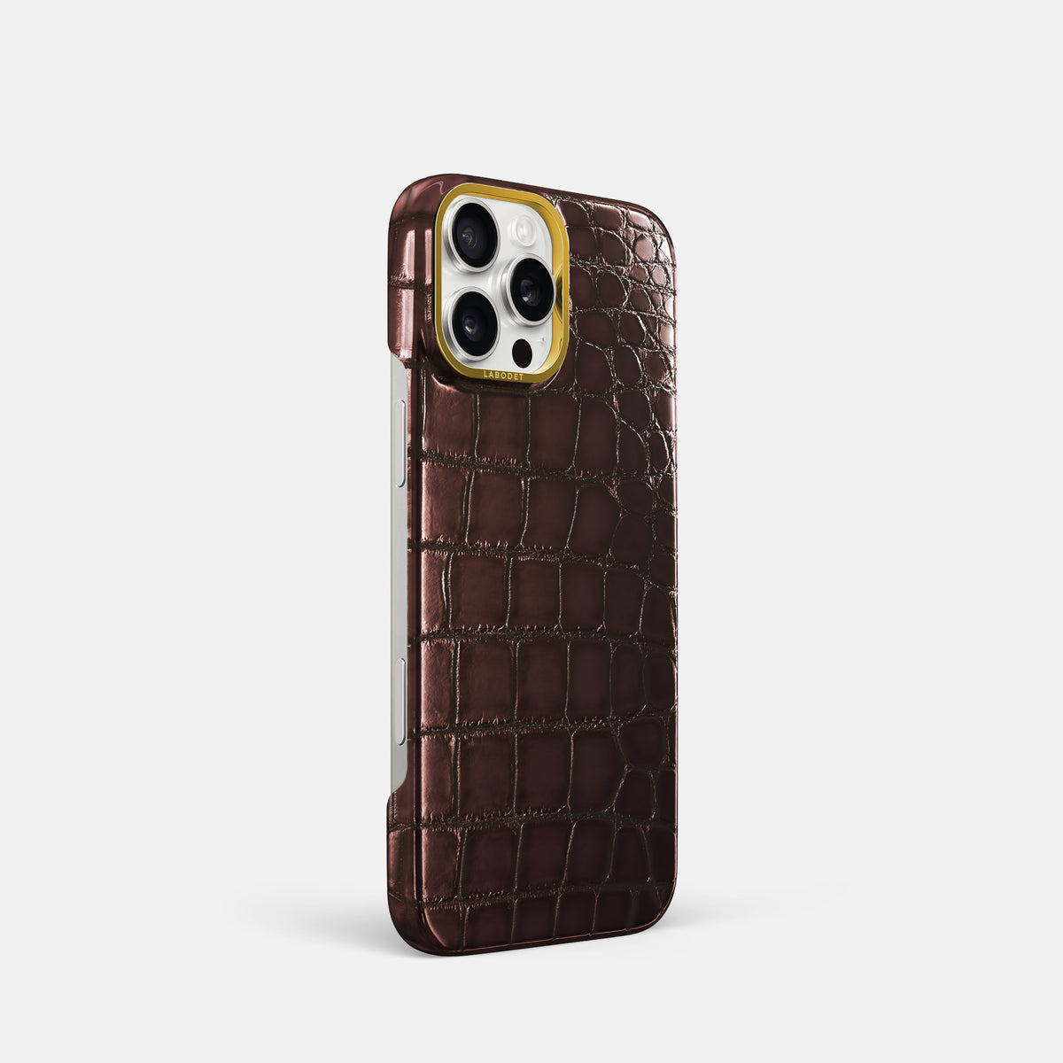 Grape-Wine iPhone 16 Pro Classic Case Patina Alligator with Gold Metal -2 | Grape-Wine-Gold