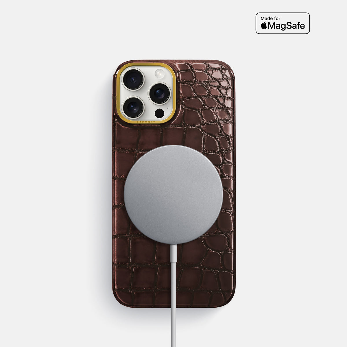 Grape-Wine iPhone 16 Pro Classic Case Patina Alligator with Gold Metal -5 | Grape-Wine-Gold