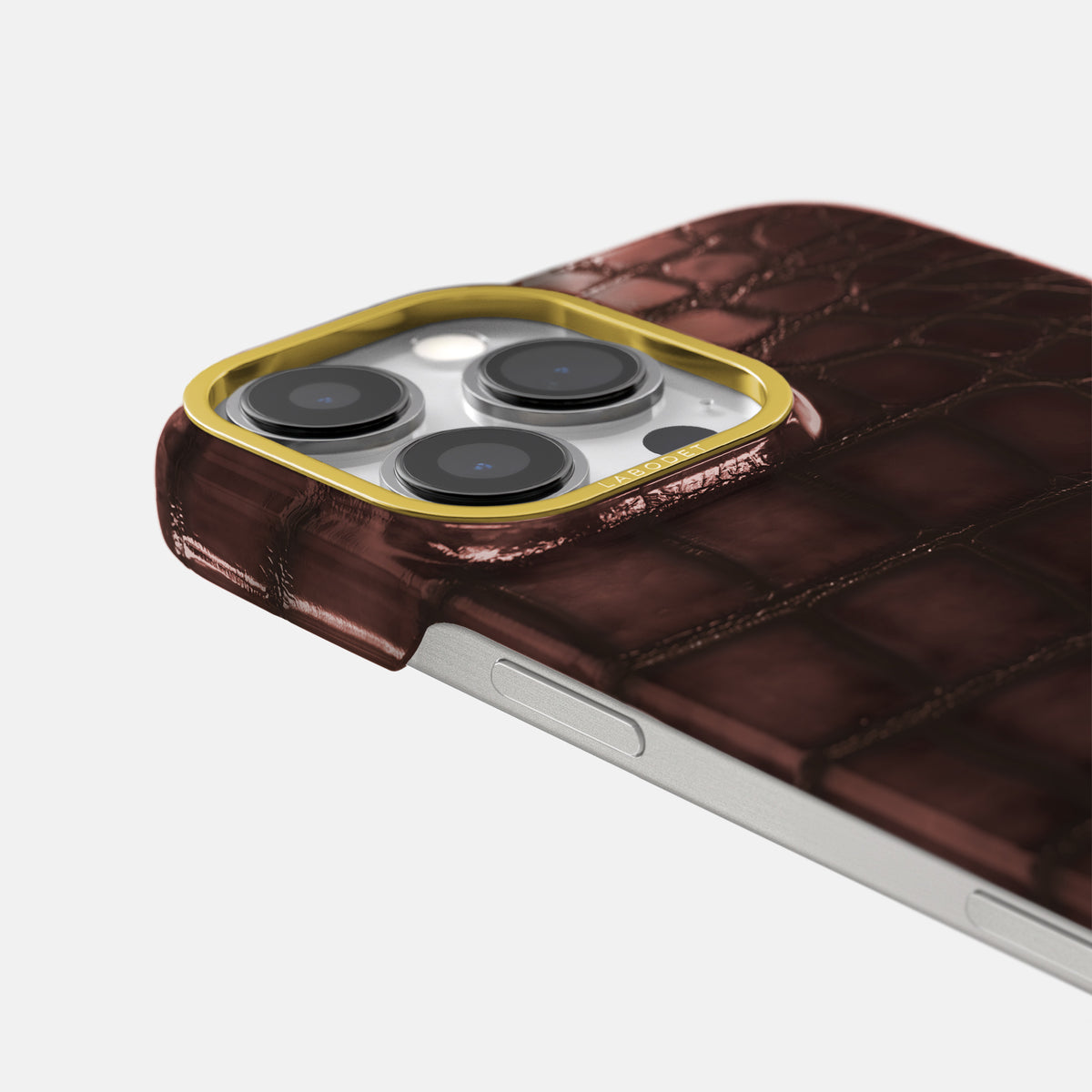 Grape-Wine iPhone 16 Pro Classic Case Patina Alligator with Gold Metal -6 | Grape-Wine-Gold