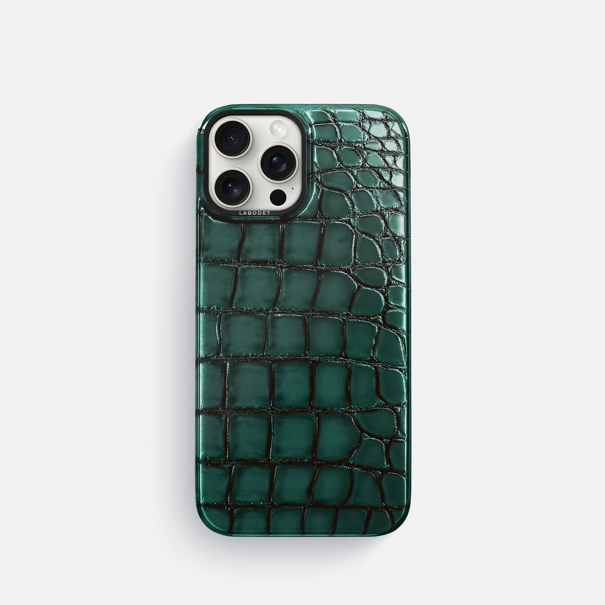 Green iPhone 16 Pro Classic Case Patina Alligator with Black Metal -1 | Green-Black