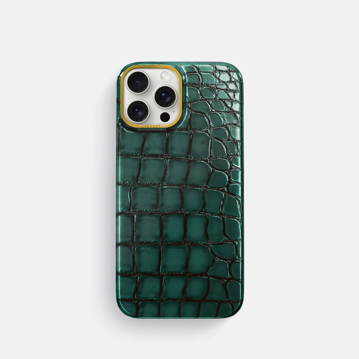 Green iPhone 16 Pro Classic Case Patina Alligator with Gold Metal -1 | Green-Gold