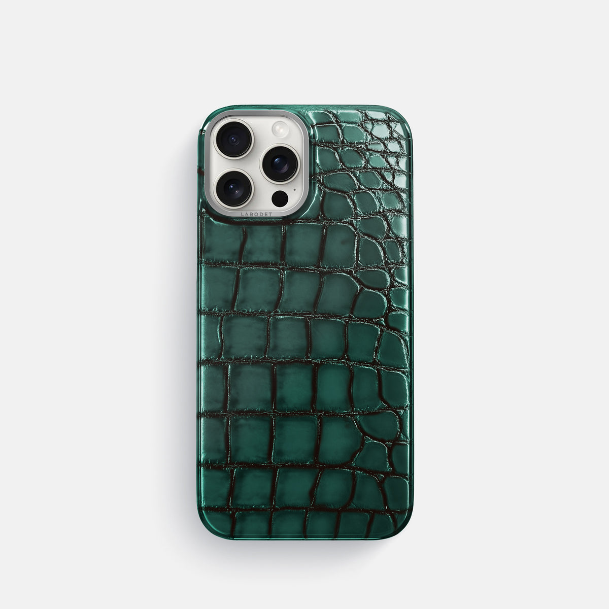 Green iPhone 16 Pro Classic Case Patina Alligator with Steel Metal -1 | Green-Steel