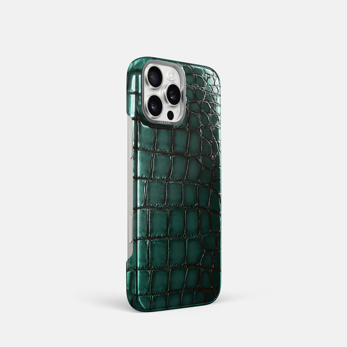 Green iPhone 16 Pro Classic Case Patina Alligator with Steel Metal -2 | Green-Steel