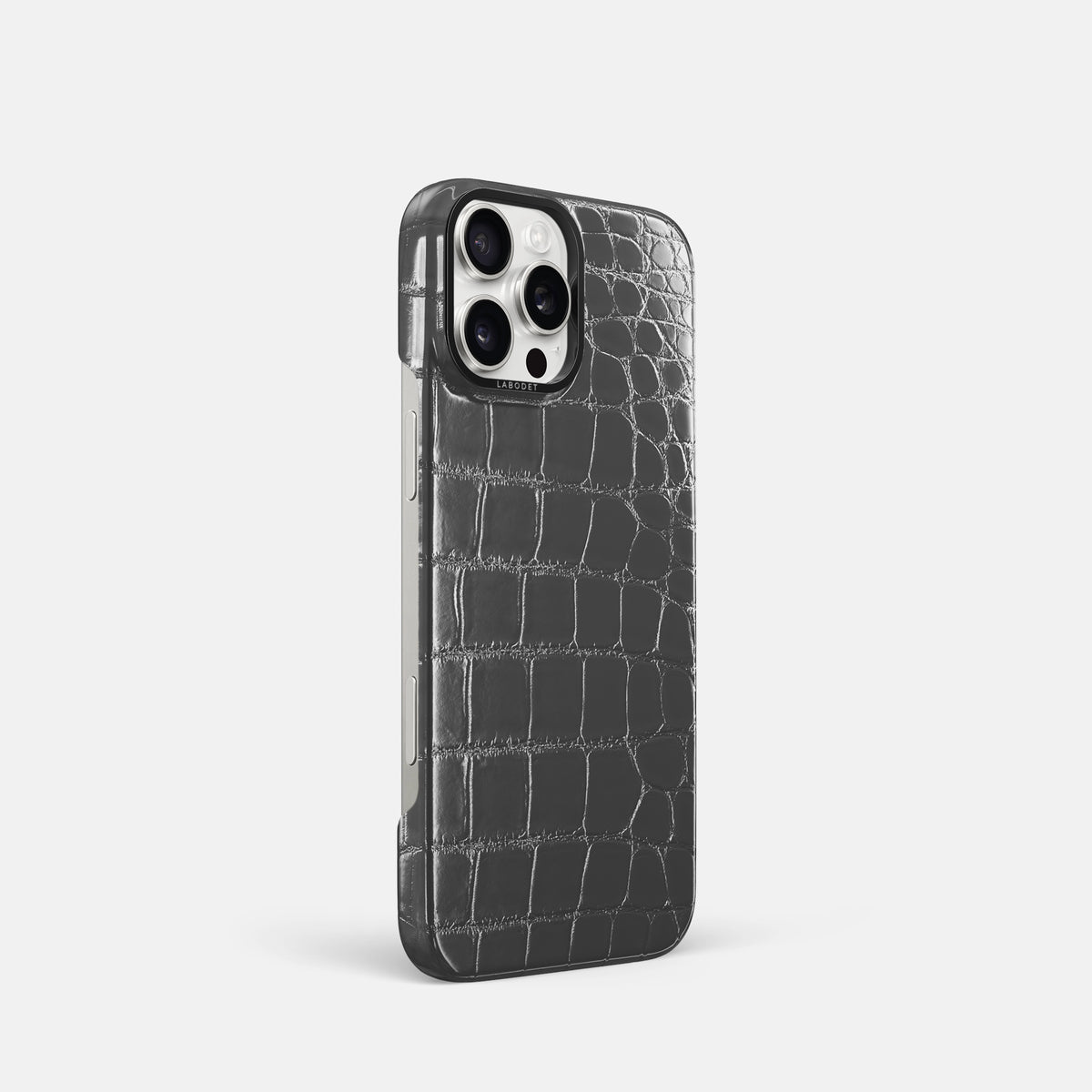 Grey iPhone 16 Pro Classic Case Patina Alligator with Black Metal -2 | Grey-Black