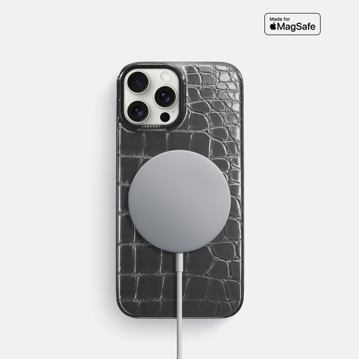 Grey iPhone 16 Pro Classic Case Patina Alligator with Black Metal -5 | Grey-Black