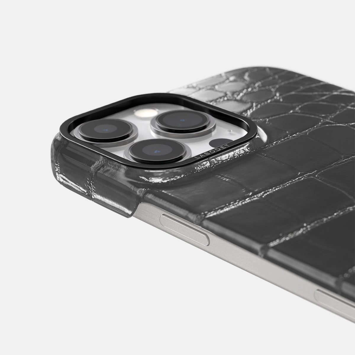 Grey iPhone 16 Pro Classic Case Patina Alligator with Black Metal -6 | Grey-Black