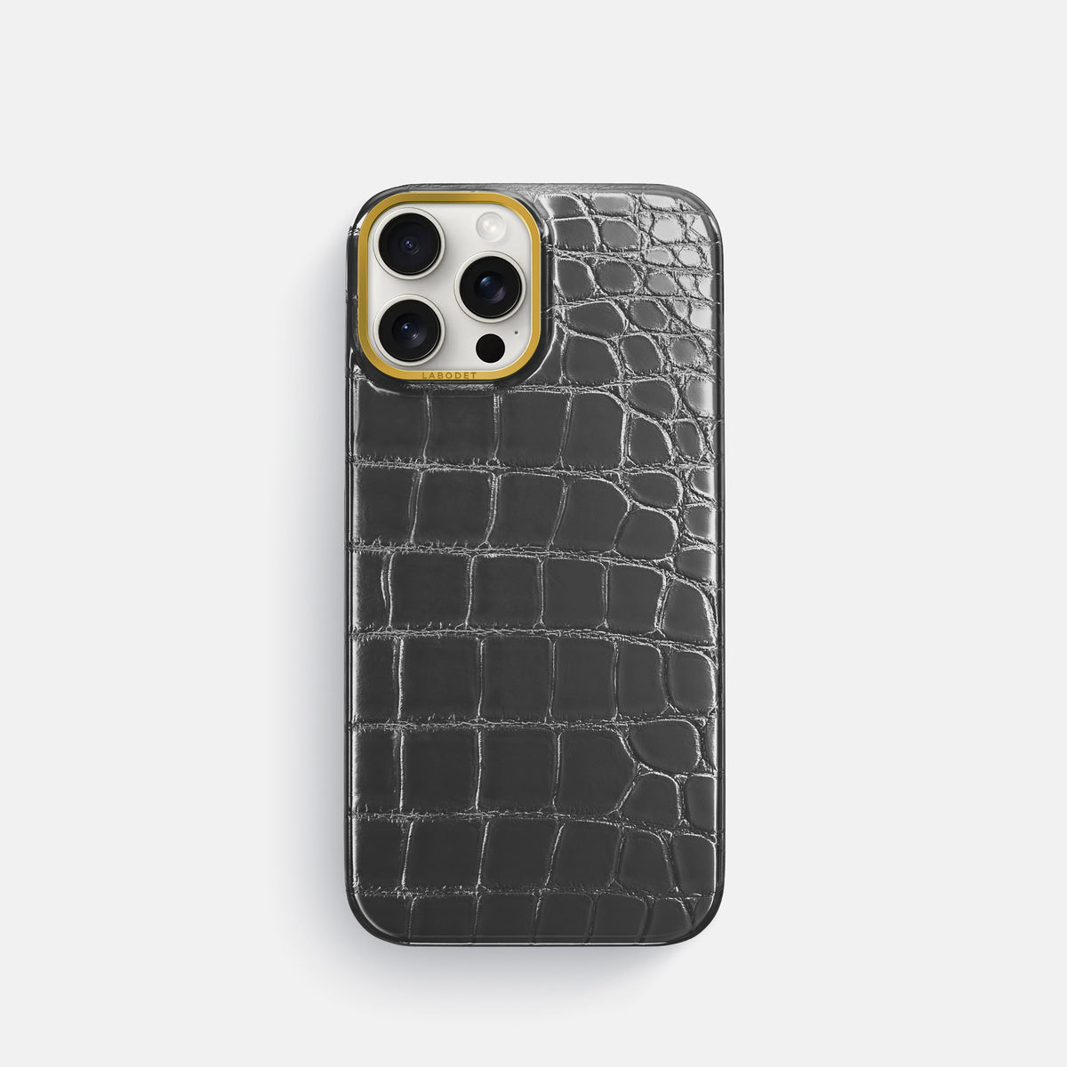 Grey iPhone 16 Pro Classic Case Patina Alligator with Gold Metal -1 | Grey-Gold