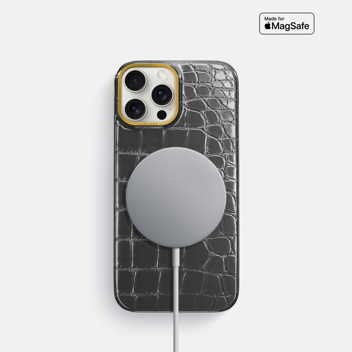 Grey iPhone 16 Pro Classic Case Patina Alligator with Gold Metal -5 | Grey-Gold