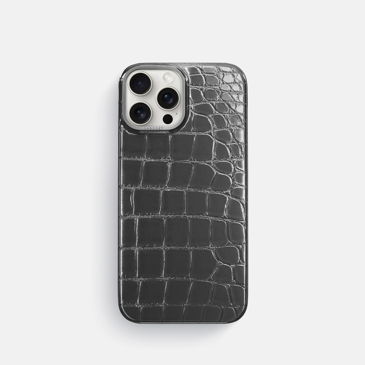 Grey iPhone 16 Pro Classic Case Patina Alligator with Steel Metal -1 | Grey-Steel