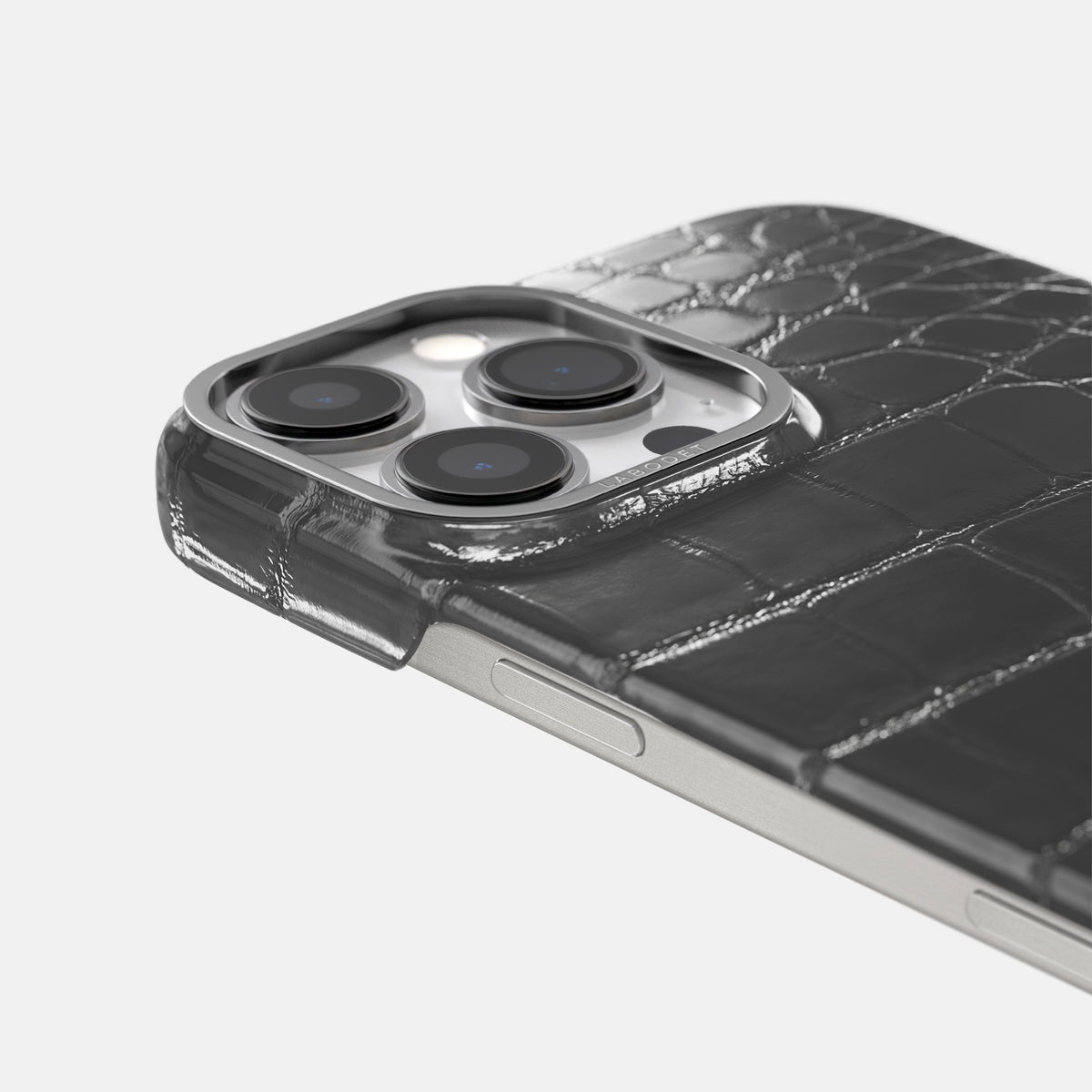 Grey iPhone 16 Pro Classic Case Patina Alligator with Steel Metal -6 | Grey-Steel