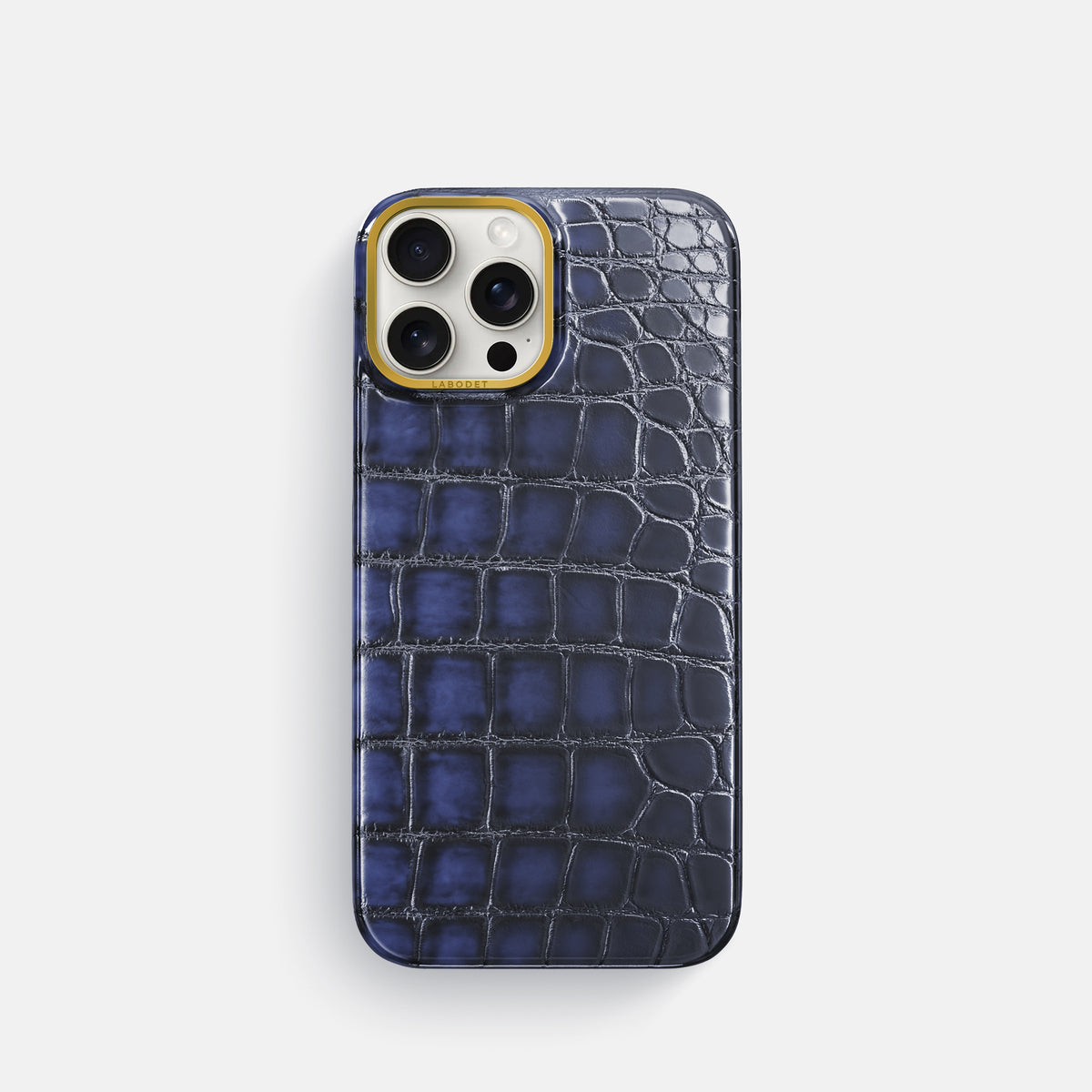 Havana-Blue iPhone 16 Pro Classic Case Patina Alligator with Gold Metal -1 | Havana-Blue-Gold