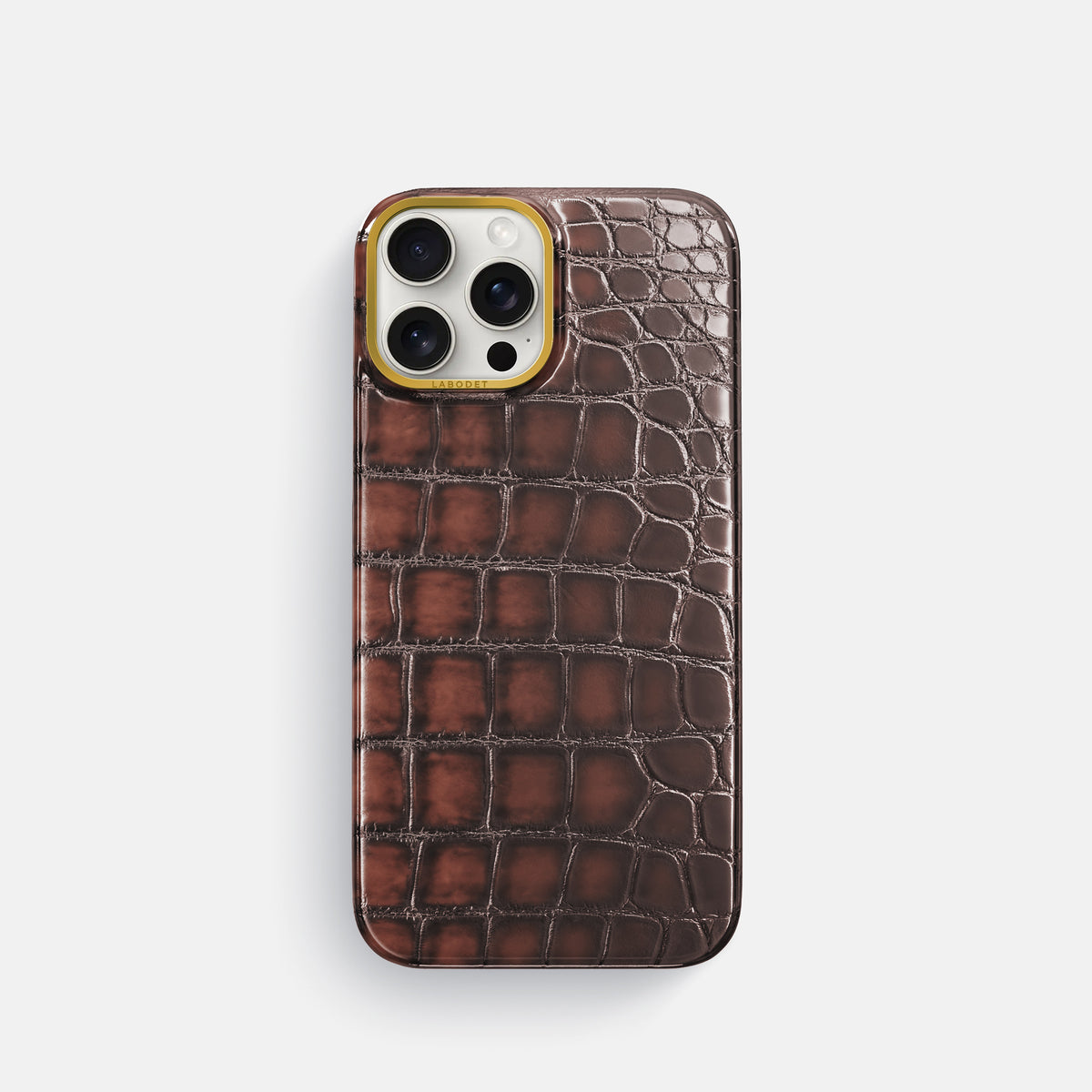 Havana-Brown iPhone 16 Pro Classic Case Patina Alligator with Gold Metal -1 | Havana-Brown-Gold