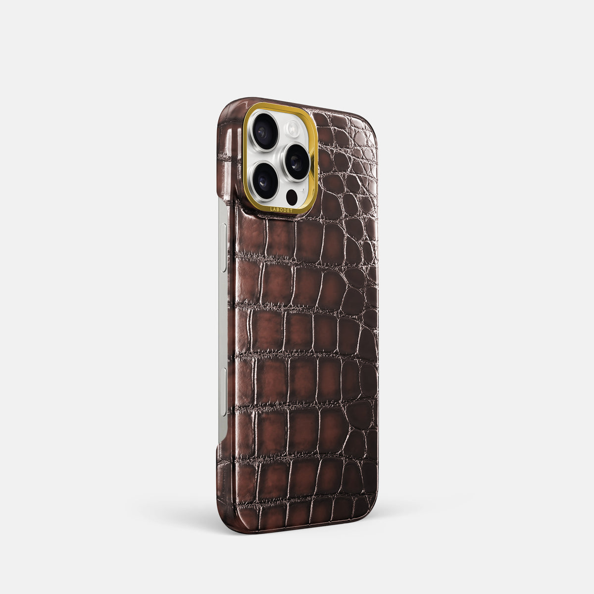 Havana-Brown iPhone 16 Pro Classic Case Patina Alligator with Gold Metal -2 | Havana-Brown-Gold