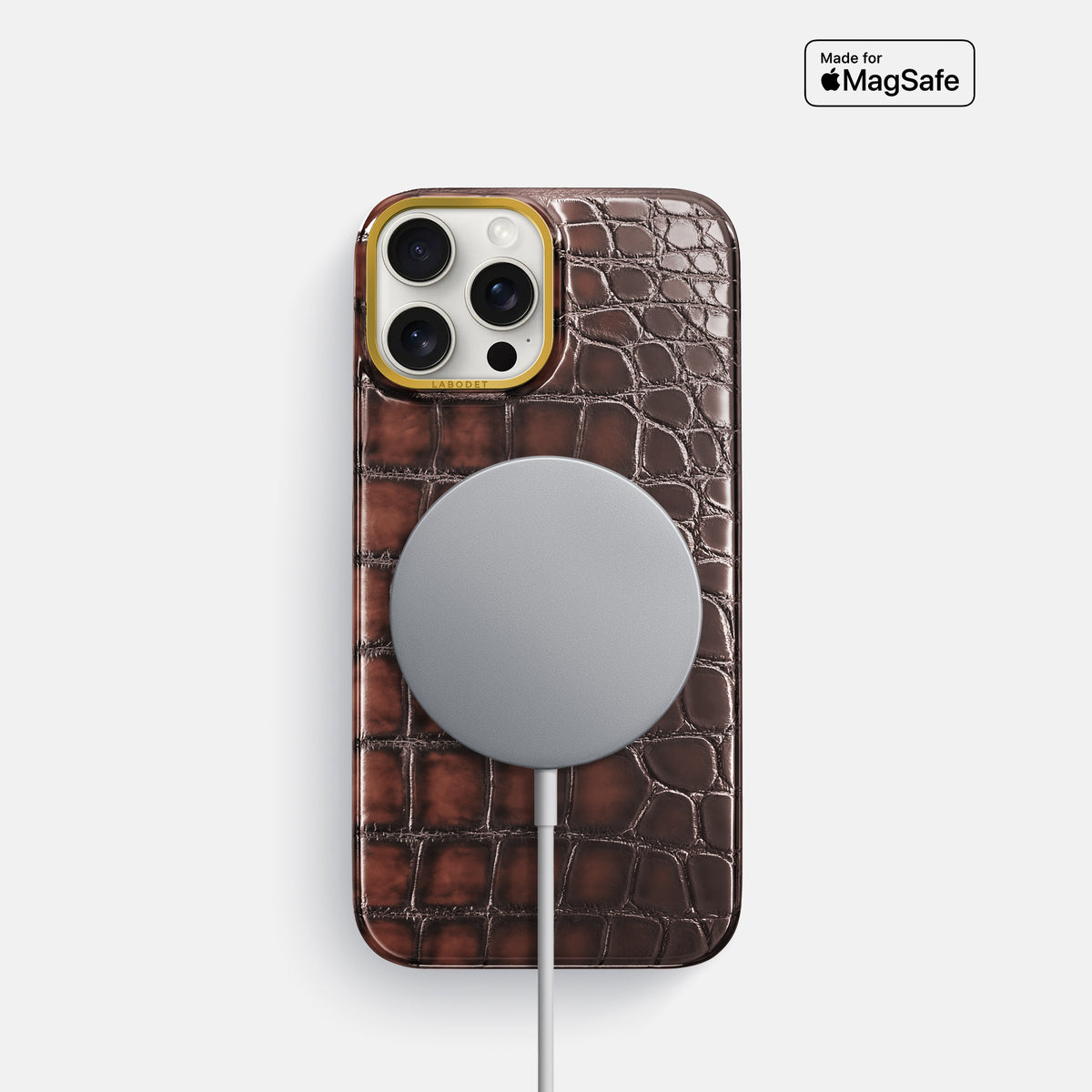 Havana-Brown iPhone 16 Pro Classic Case Patina Alligator with Gold Metal -5 | Havana-Brown-Gold