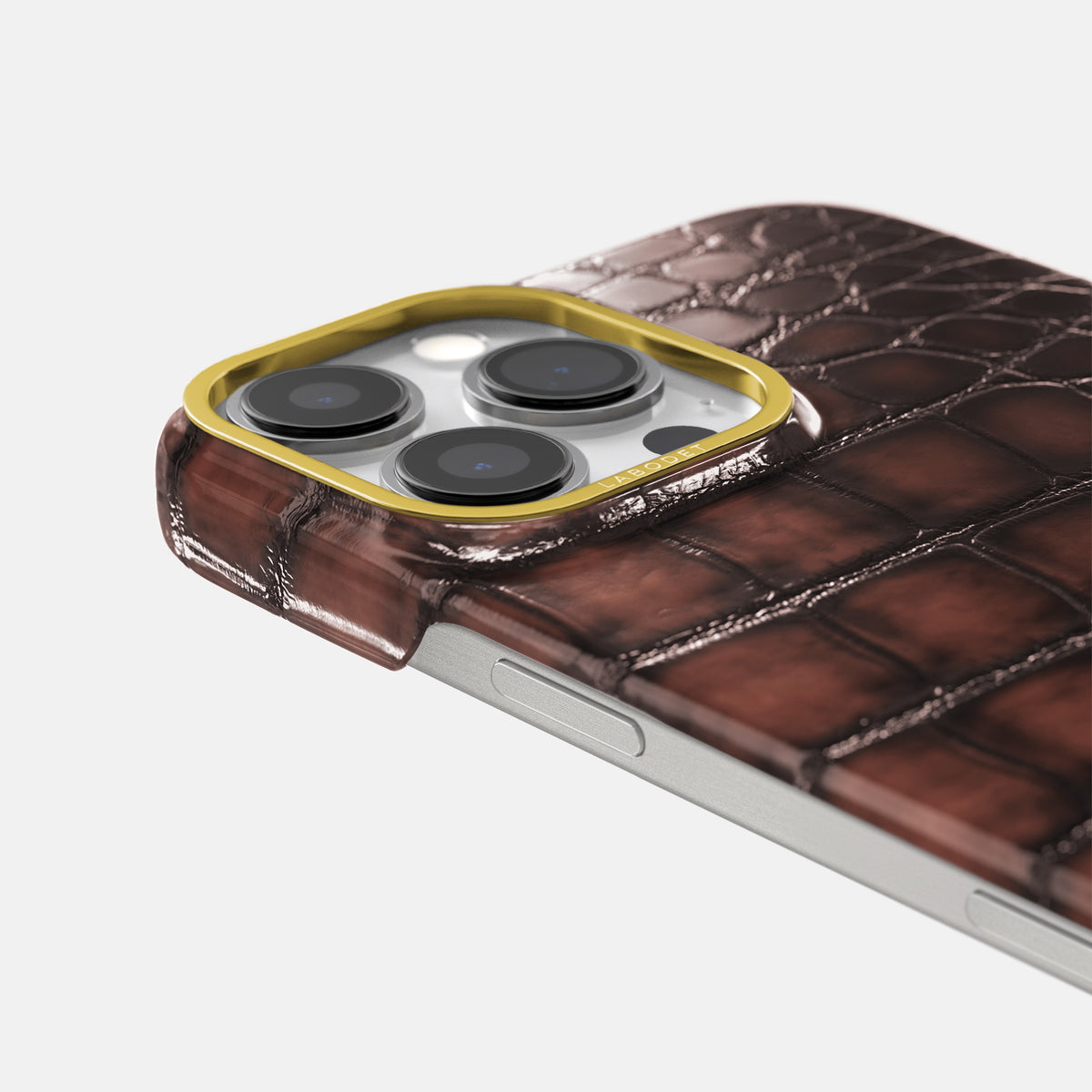 Havana-Brown iPhone 16 Pro Classic Case Patina Alligator with Gold Metal -6 | Havana-Brown-Gold