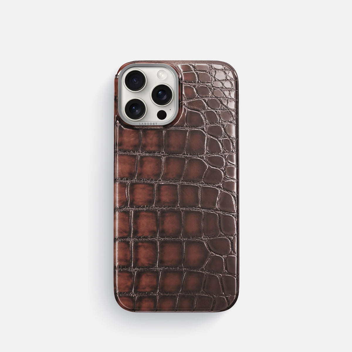 Havana-Brown iPhone 16 Pro Classic Case Patina Alligator with Steel Metal -1 | Havana-Brown-Steel