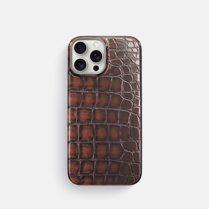 Havana-Brown iPhone 16 Pro Classic Case Patina Alligator with Steel Metal -1 | Havana-Brown-Steel