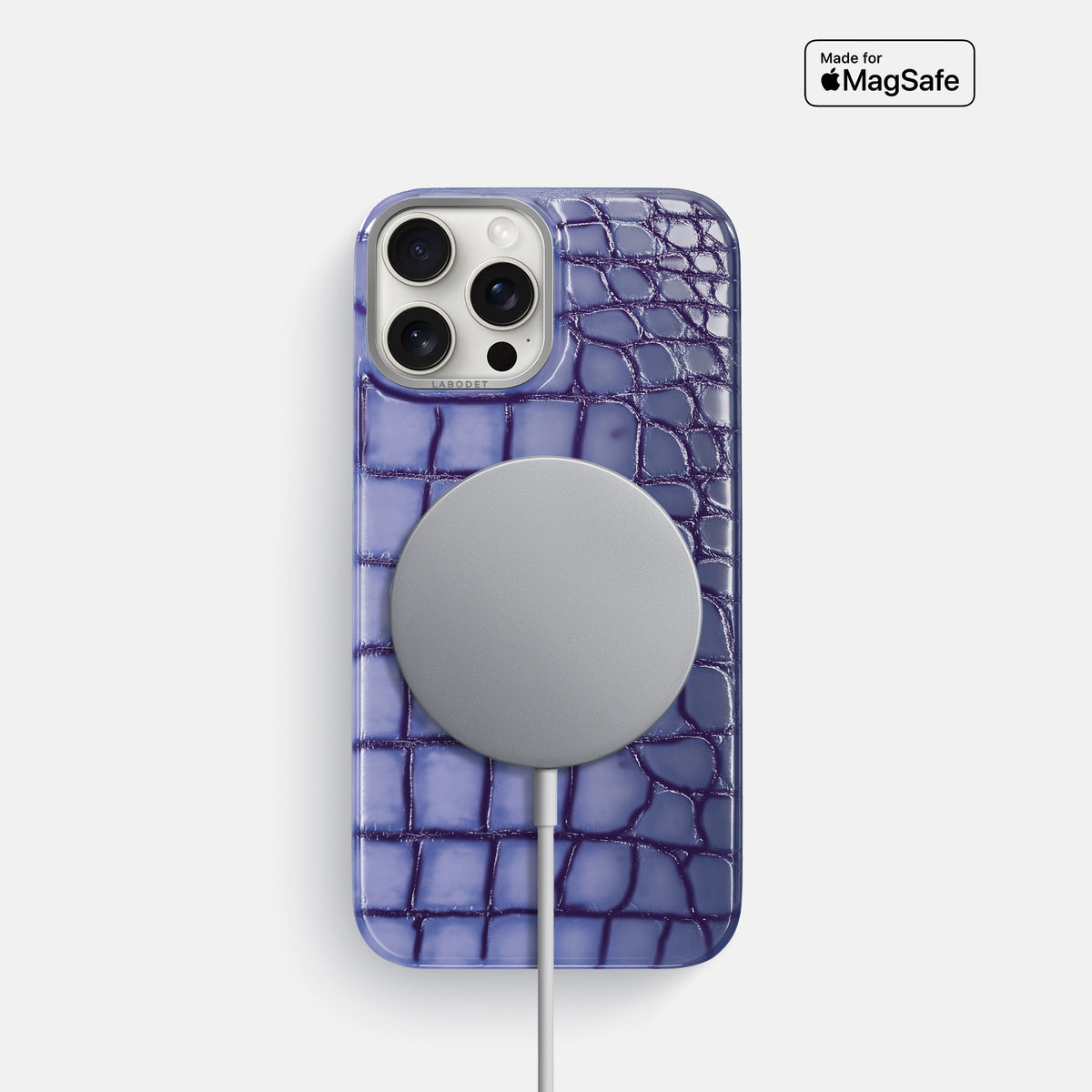 Lilac iPhone 16 Pro Classic Case Patina Alligator with Steel Metal -5 | Lilac-Steel