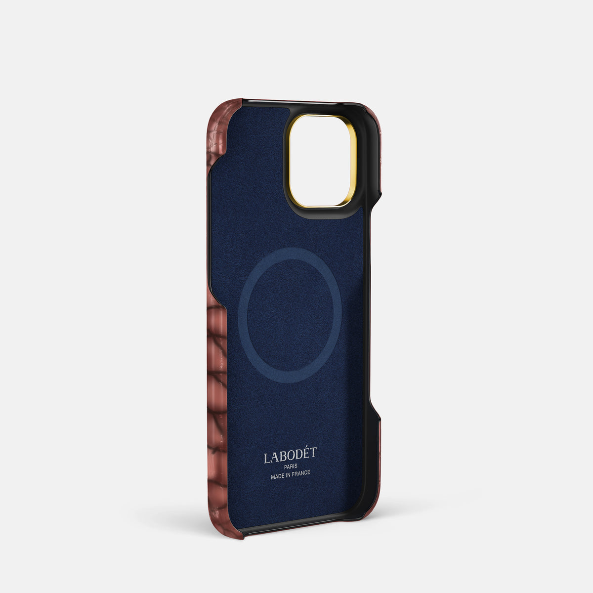 Wine-Sediment iPhone 16 Pro Classic Case Patina Alligator with Gold Metal -4 | Wine-Sediment-Gold