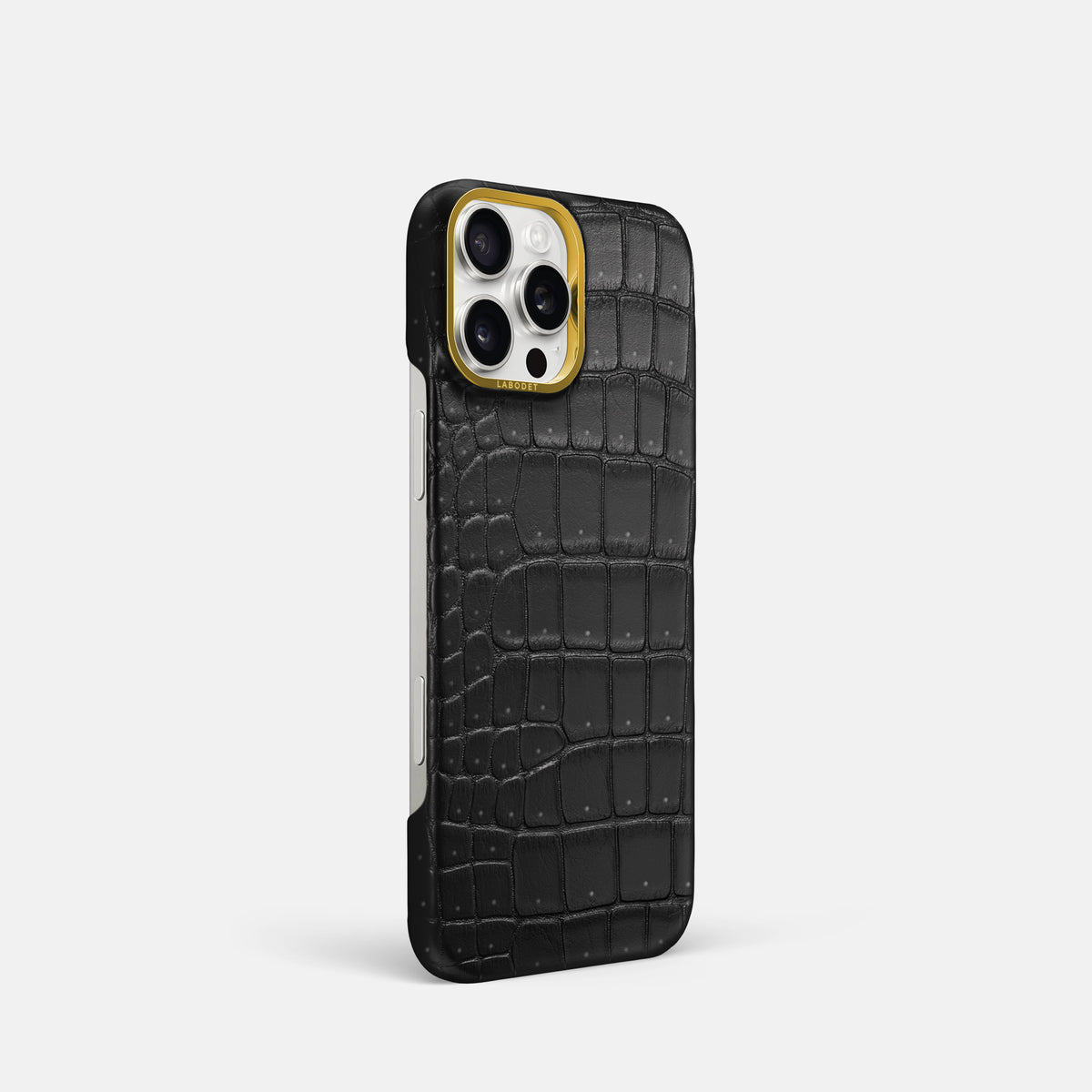 Black iPhone 16 Pro Classic Case Porosus Crocodile with Gold Metal -2 | Black-Gold