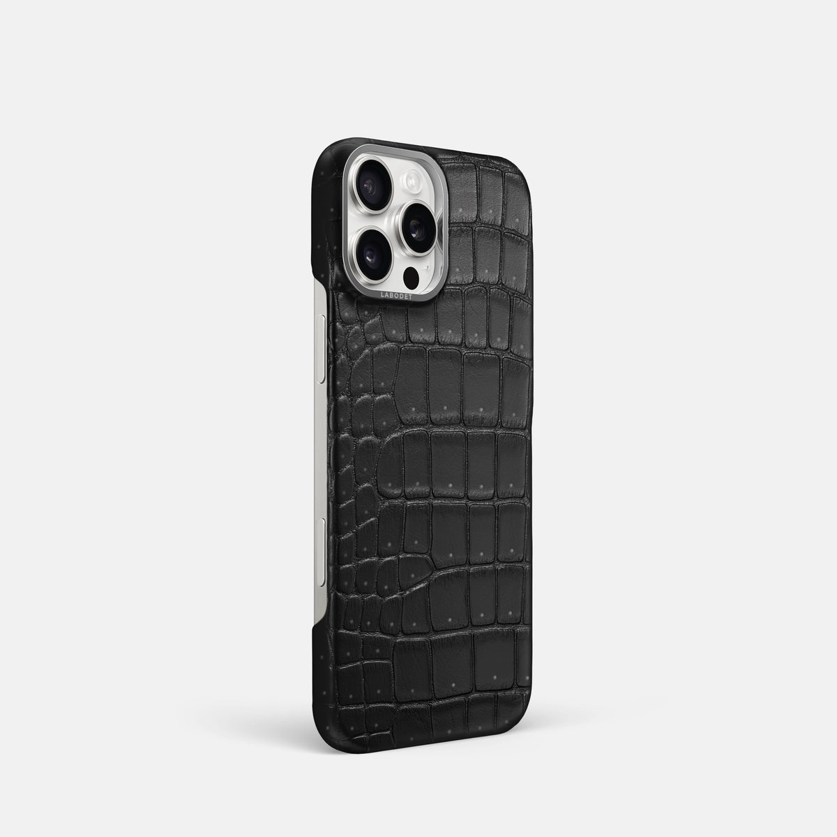 Black iPhone 16 Pro Classic Case Porosus Crocodile with Steel Metal -2 | Black-Steel