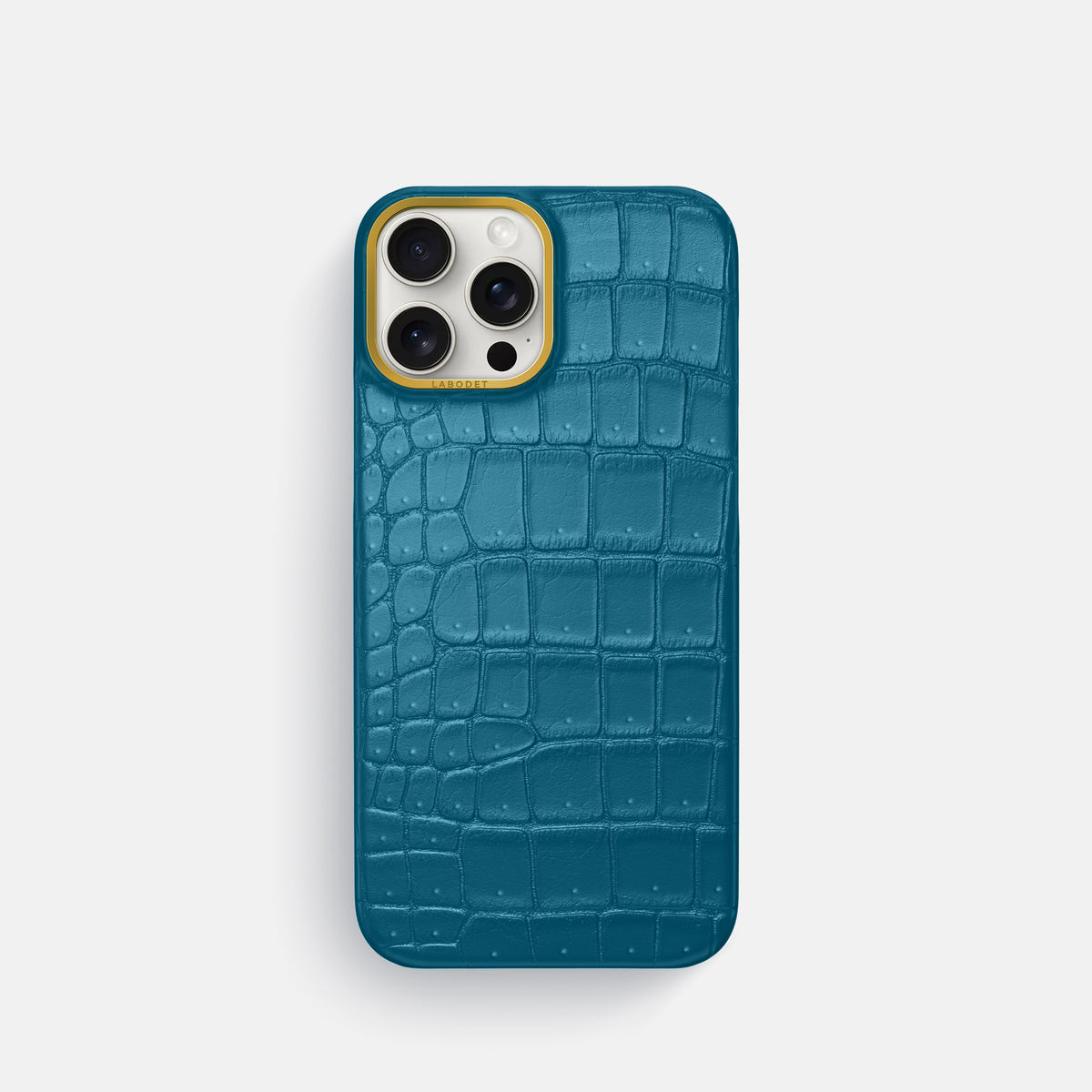 Duck Blue iPhone 16 Pro Classic Case Porosus Crocodile with Gold Metal -1 | Duck-Blue-Gold