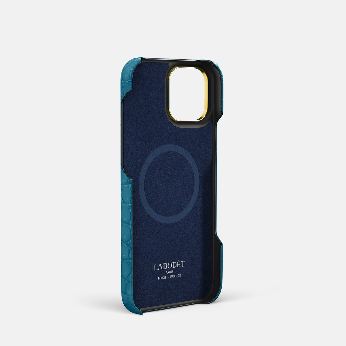 Duck Blue iPhone 16 Pro Classic Case Porosus Crocodile with Gold Metal -4 | Duck-Blue-Gold