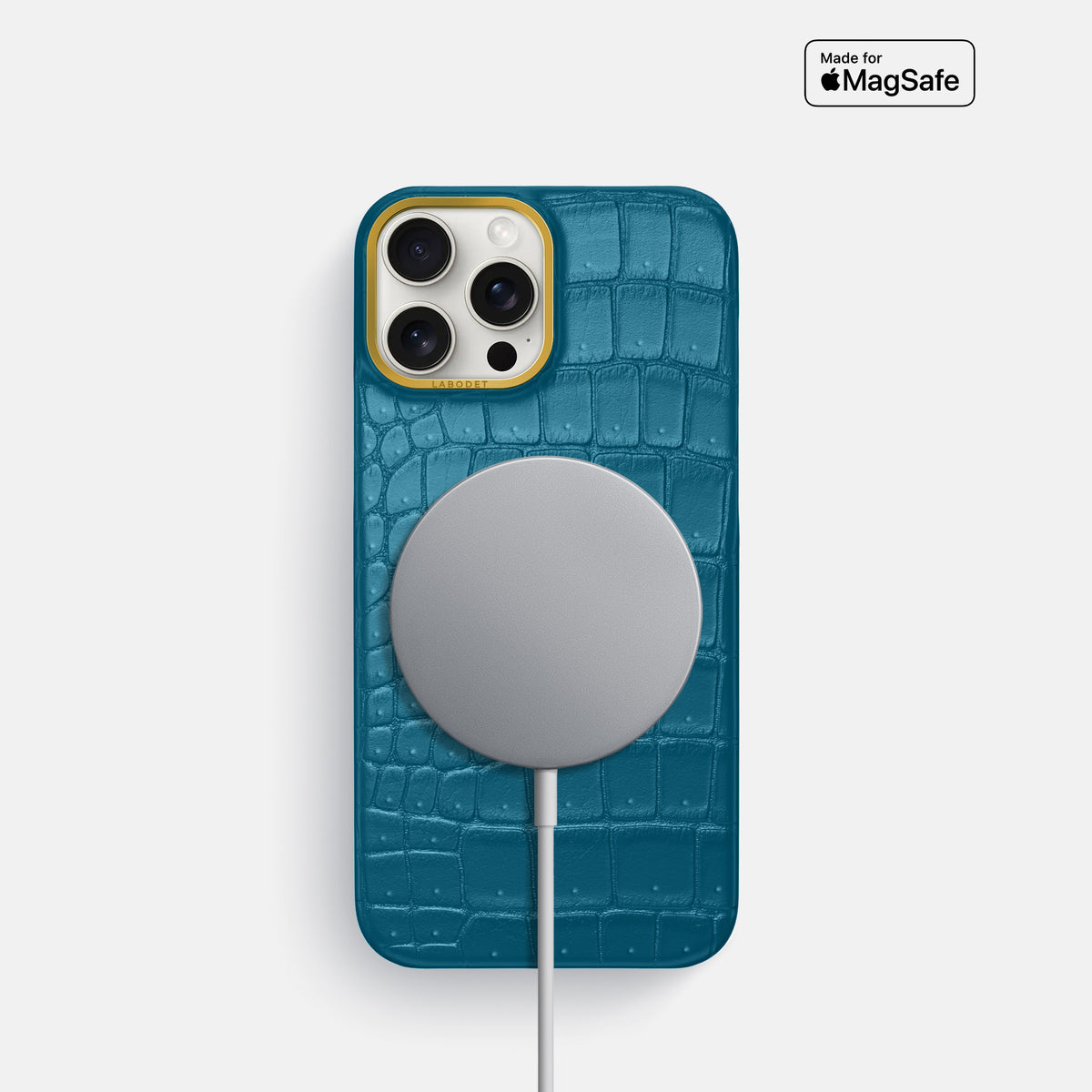 Duck Blue iPhone 16 Pro Classic Case Porosus Crocodile with Gold Metal -5 | Duck-Blue-Gold