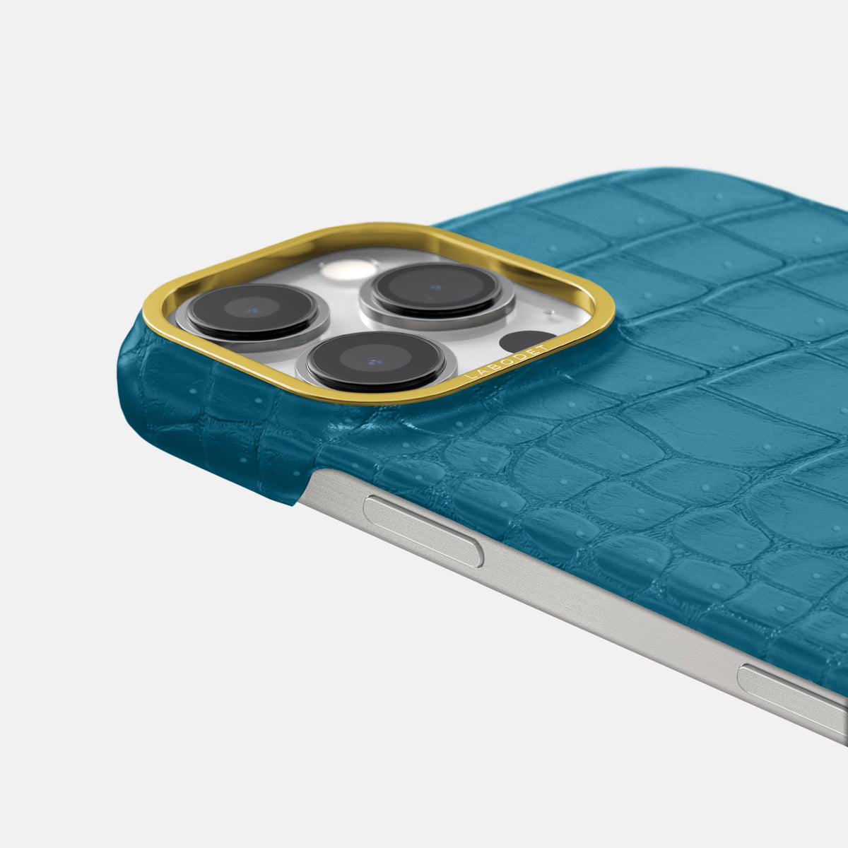 Duck Blue iPhone 16 Pro Classic Case Porosus Crocodile with Gold Metal -6 | Duck-Blue-Gold