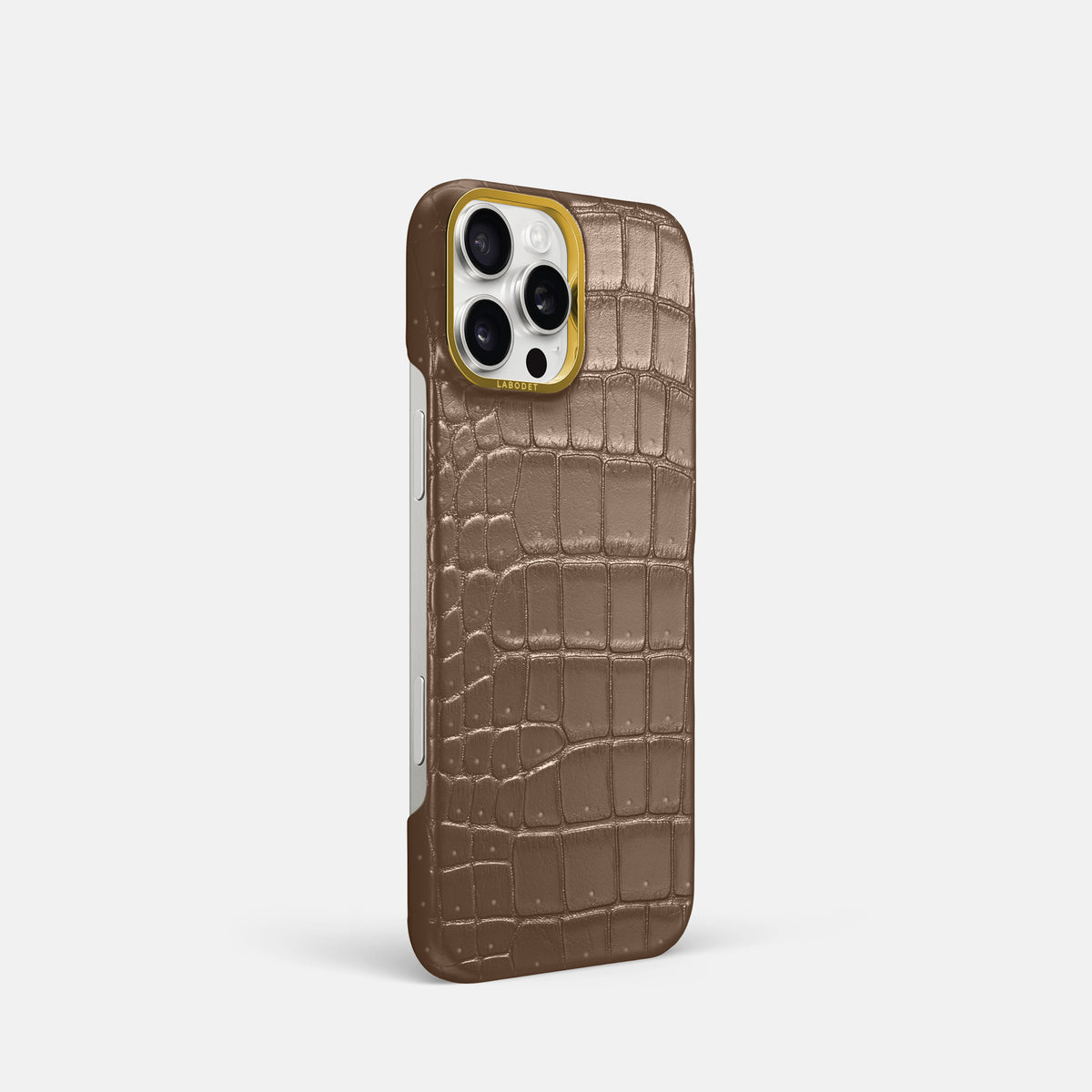 Fur-Brown iPhone 16 Pro Classic Case Porosus Crocodile with Gold Metal -2 | Fur-Brown-Gold
