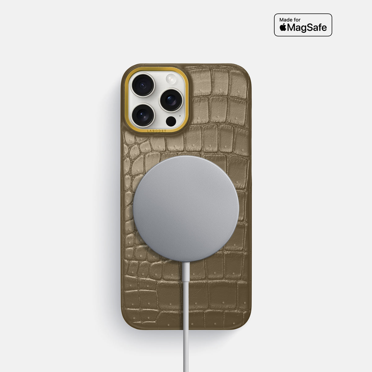 Kaki-Green iPhone 16 Pro Classic Case Porosus Crocodile with Gold Metal -5 | Kaki-Green-Gold